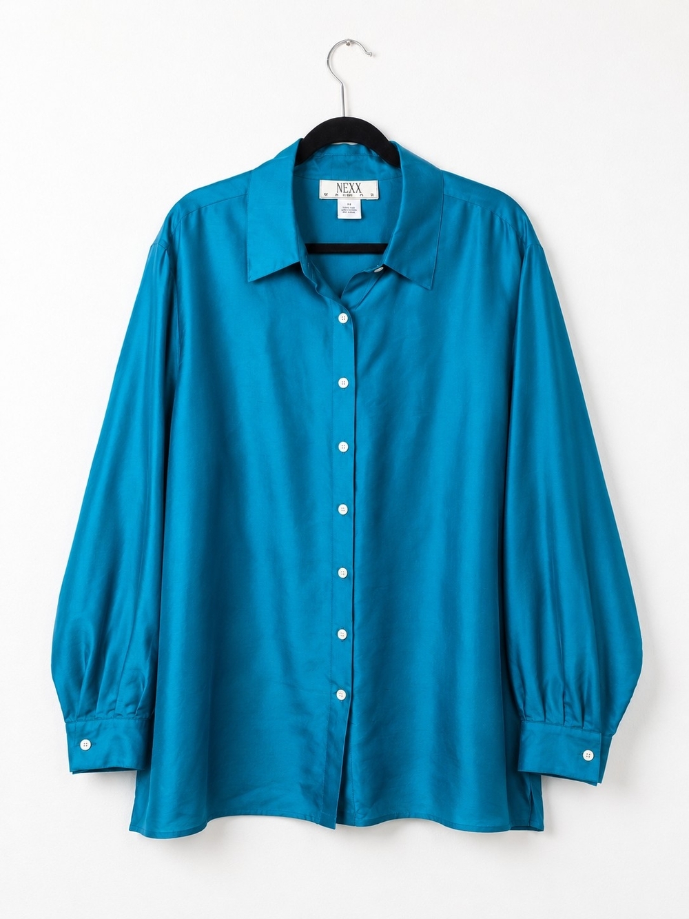 NEXX Woman 100% Silk Blouse 2X Turquoise Blue Button Front Long Sleeve Shirt
